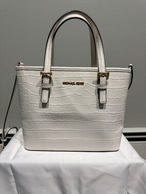 Michael Kors White Croc-Embossed Satchel with Gold Hardware